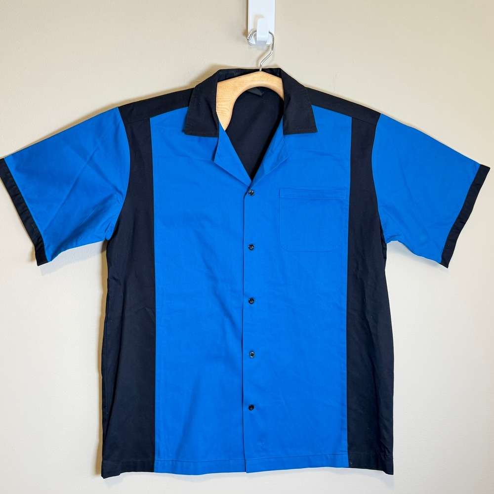 Hilton Bowling Shirt Blue Black Color Block Retro Camp Collar Medium